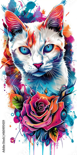 White Cat in Neotraditional Design on Colorful Background
