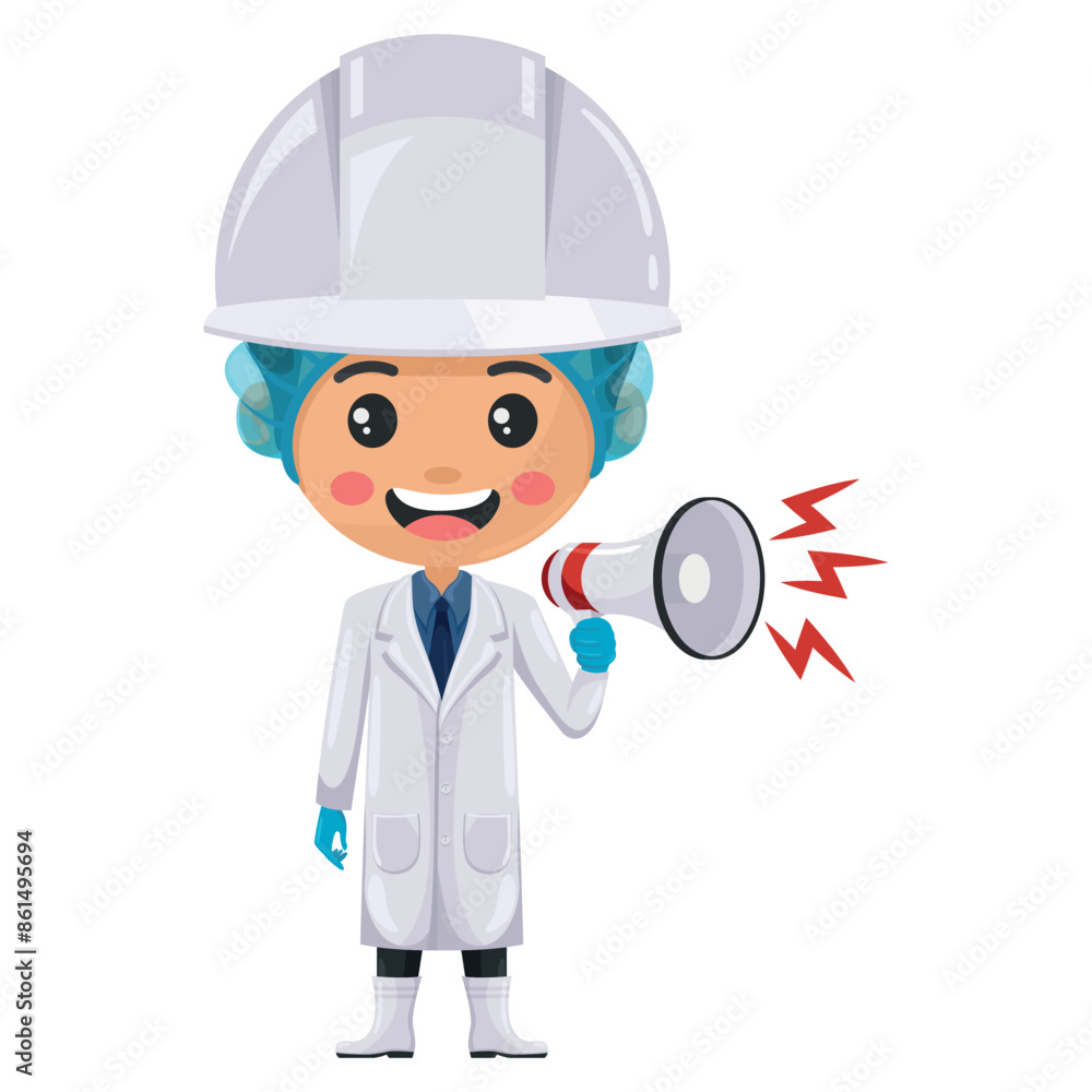Quality control supervisor in food production line making an announcement with a megaphone. Food industry engineer. Chief food safety. Science, technology and safety in food production and processing Quality control supervisor in food production line making an announcement with a megaphone. Food industry engineer. Chief food safety. Science, technology and safety in food production and processing