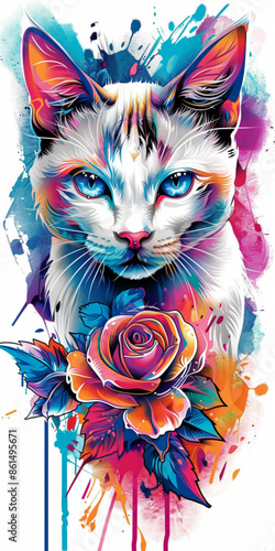White Cat in Neotraditional Design on Colorful Background
