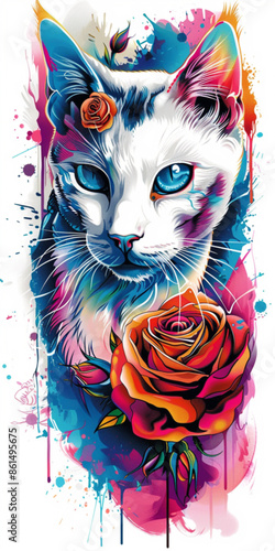 Neotraditional Design: White Cat on Colorful Background
