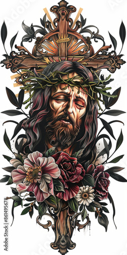 Neotraditional Design: Jesus Portrait with Roses and a Cross
