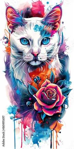 White Cat in Neotraditional Design on Colorful Background

