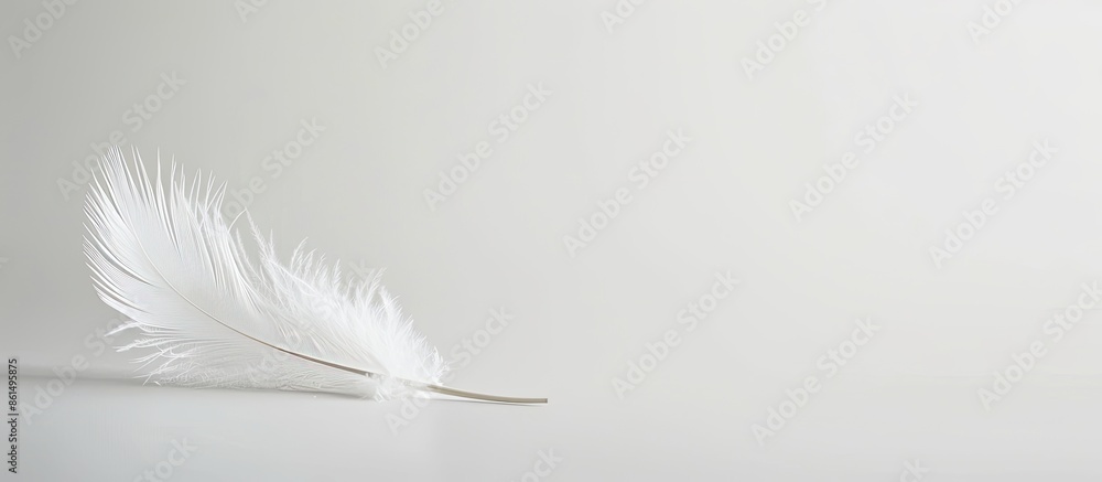 A white feather stands out on a white backdrop in a copy space image. A white feather stands out on a white backdrop in a copy space image.