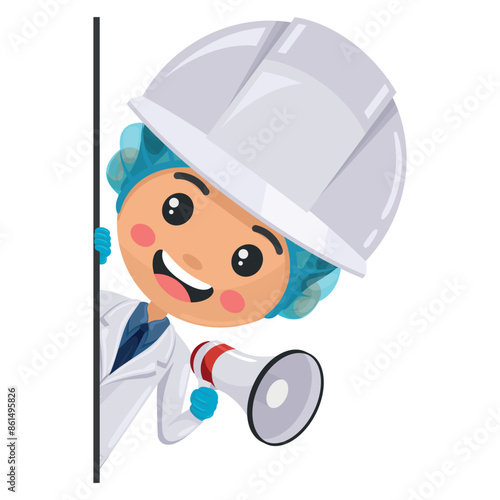 Quality control supervisor peeking out from behind a wall making an announcement with a megaphone. Concept of notification and contact. Food industry engineer. Safety food production and processing