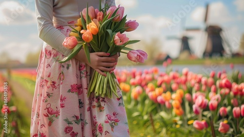 A female in pink long skirt holding a bundle of tulip flower in field with beautiful colorful tulip field and traditional windmill in country side. photo