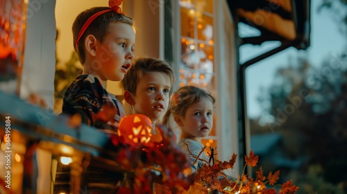 Three young children eagerly looking out a decorated window in anticipation of Halloween night, surrounded by glowing pumpkins and festive lights. © road to millionaire
