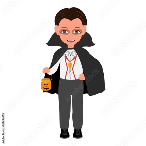 Flat Vector Illustration of Kid Boy Wearing a Dracula Halloween Costume, Cartoon Character Set For Animation, Various Views, Poses and Gestures. Item 1