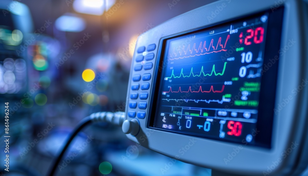 Close up examination of biomedical device monitoring vital signs for precise health monitoring Close up examination of biomedical device monitoring vital signs for precise health monitoring