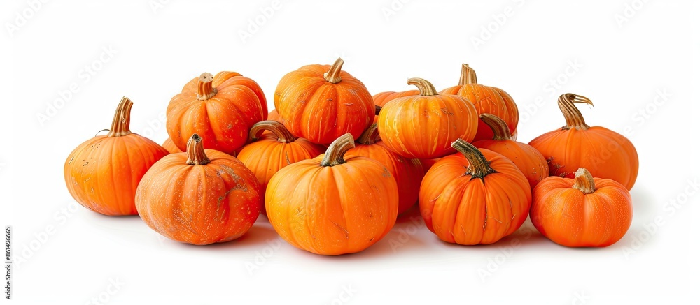 A pile of numerous orange pumpkins on a white backdrop, suitable for a Halloween greeting card design with copy space image. A pile of numerous orange pumpkins on a white backdrop, suitable for a Halloween greeting card design with copy space image.