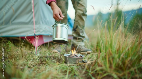 Innovative Female Camper Demonstrates Tin Can Stove Cooking Method by Tent During Sunset