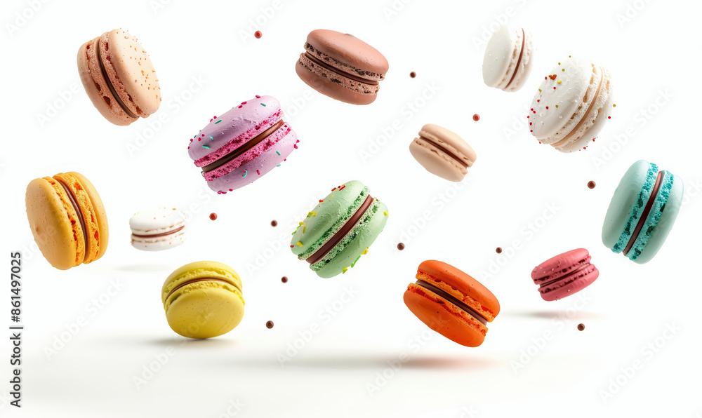 Various colorful of macarons floating on the air