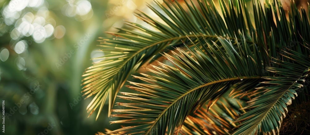 Obraz premium A close-up shot of a palm tree emphasizing the right side with expansive copy space image to the left.