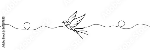 Continuous one line art drawing of cute bird, swallow whith heart simple outline vector illustration