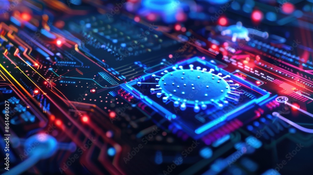 Password entry field, blue virus icon, network diagram, side view, emphasizes secure login, futuristic tone, vivid color scheme Password entry field, blue virus icon, network diagram, side view, emphasizes secure login, futuristic tone, vivid color scheme