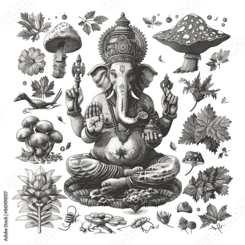 lord Ganesha, Yoga Pose, Lotus, Chakra, Moon, On, Hand. India set. God with elephant head. Vector Illustration of Happy Ganesh Chaturthi. Mandala, medallion