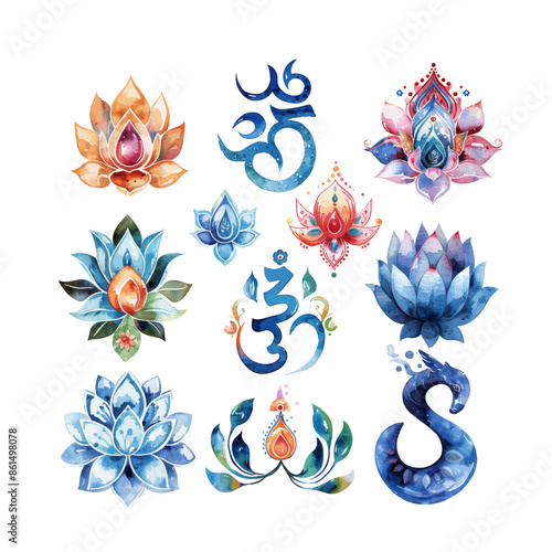 Set of Hamsa with Yin-yang hand drawn symbol, lotus flower, Mantra OM. Decorative pattern in oriental style for interior decoration and henna drawings.