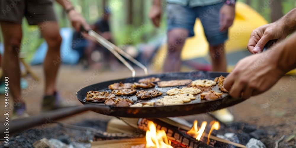 Fototapeta premium Diverse Group of Friends Making Chocolate Cookies Over Campfire in Forest Clearing at Dusk