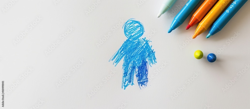 A small figure drawn by a child with a blue marker on a blank white sheet, accompanied by four markers neatly arranged nearby, showcasing the creativity of three-year-old children in an image with A small figure drawn by a child with a blue marker on a blank white sheet, accompanied by four markers neatly arranged nearby, showcasing the creativity of three-year-old children in an image with