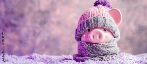 A piggy bank wearing a cozy winter hat symbolizing savings, set on a lilac textured background providing a heat saving concept, with room for text in a copy space image. photo