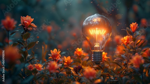 A Glowing Light Bulb in a Field of Orange Flowers at Dusk