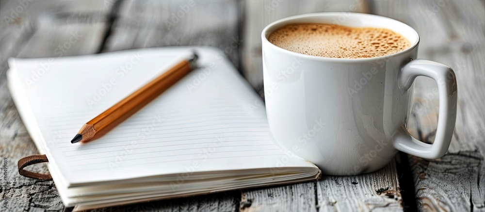 A blank page in a notebook with a pencil and a cup of coffee in the background, perfect for a copy space image. A blank page in a notebook with a pencil and a cup of coffee in the background, perfect for a copy space image.