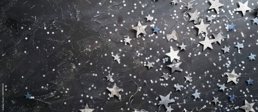 A gray background with silver stars, confetti, sequins, and copy space for a greeting card mock-up. A gray background with silver stars, confetti, sequins, and copy space for a greeting card mock-up.