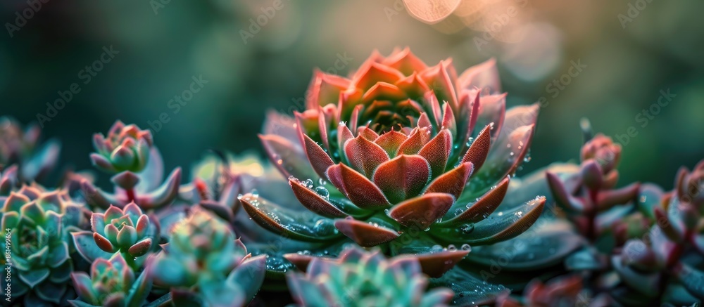 A detailed macro shot of a succulent flower, evoking the essence of spring and summer with a natural green floral backdrop in this copy space image. A detailed macro shot of a succulent flower, evoking the essence of spring and summer with a natural green floral backdrop in this copy space image.
