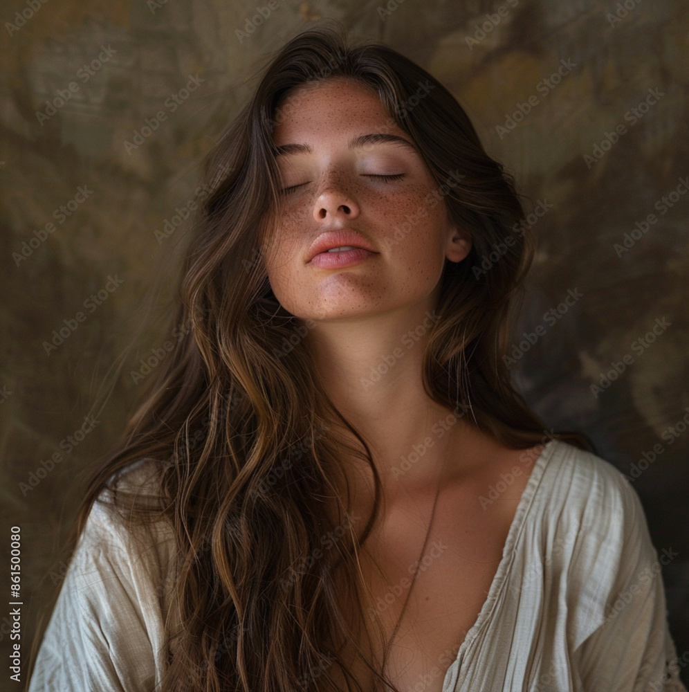 gorgeous twenty year old female, long golden brown hair, head back and eyes closed, ancient white tunic shirt