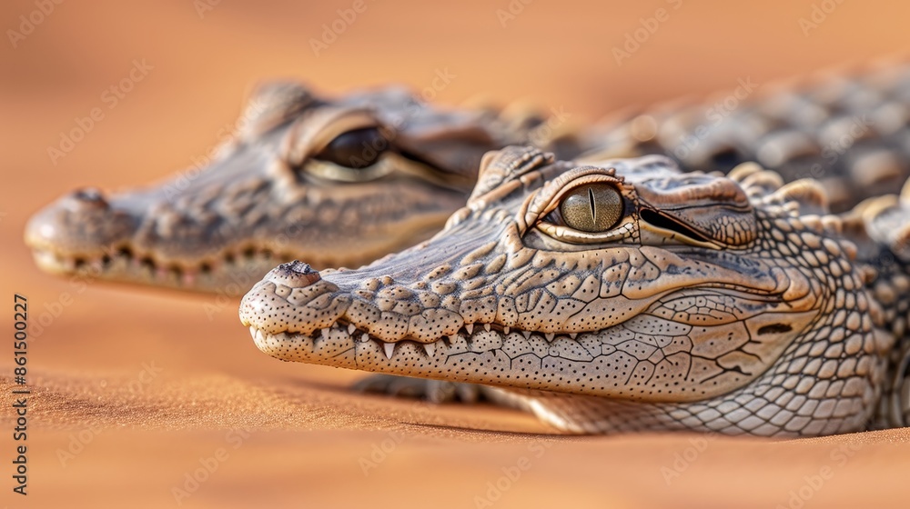 Obraz premium Close up view of adorable baby crocodiles, young reptiles resting on the sandy riverbank