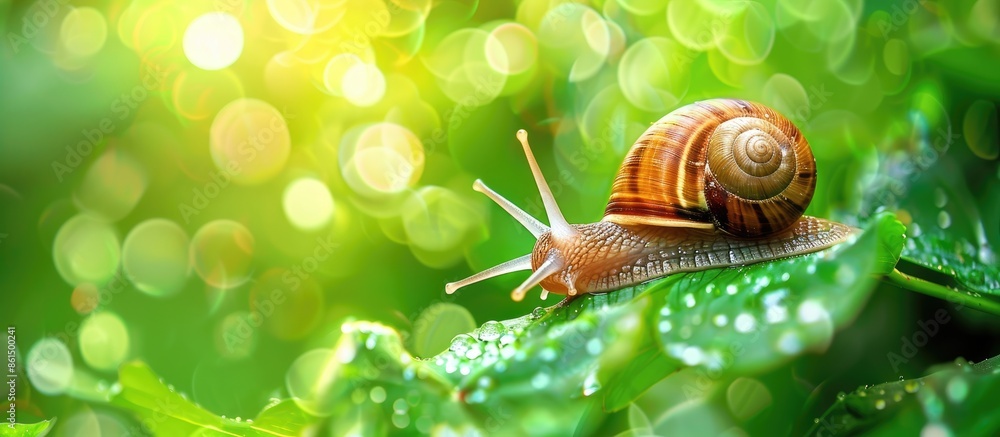 A tiny snail is searching for food in the foliage, with an option for the inclusion of a copy space image. A tiny snail is searching for food in the foliage, with an option for the inclusion of a copy space image.