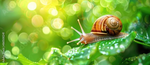 A tiny snail is searching for food in the foliage, with an option for the inclusion of a copy space image.