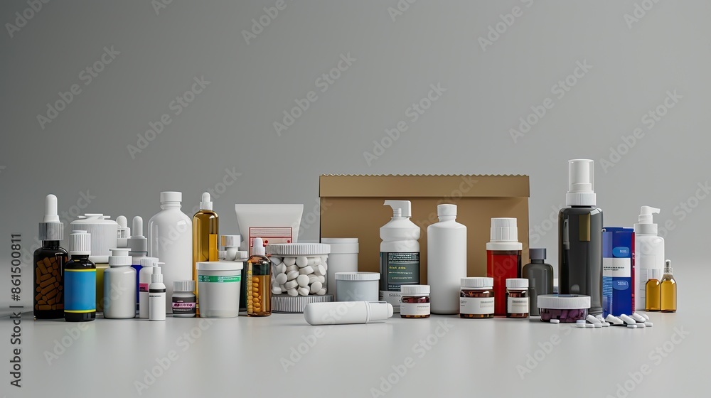 A collection of white plastic medicine bottles and various pills are arranged on a blue tabletop, including some capsules, tablets, and small white beads A collection of white plastic medicine bottles and various pills are arranged on a blue tabletop, including some capsules, tablets, and small white beads