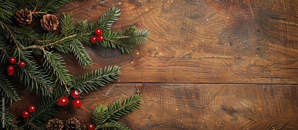 A festive holiday scene on a wooden table with Christmas decorations, including fir branches, shown from above with room for text or images. image with copy space A festive holiday scene on a wooden table with Christmas decorations, including fir branches, shown from above with room for text or images. image with copy space