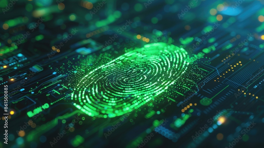 Lock icon, green fingerprint scan, digital analytics graph, side view, emphasizes data protection, futuristic tone, vivid color scheme Lock icon, green fingerprint scan, digital analytics graph, side view, emphasizes data protection, futuristic tone, vivid color scheme
