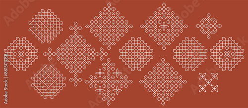 Set of Indian folk art pulli kolam. editable home decor patterns.