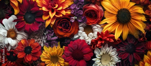 A detailed close up of various colorful flowers like bunga kertas, asteraceae, and sunflowers with diverse shades of red, yellow, white, orange, gold, purple, and brown shades, providing an array of photo