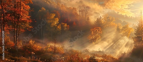A misty morning at sunrise envelops the autumn landscape, where mist, sunlight, and trees combine to form a dreamy scene with a background suitable for text, copy space image included. photo