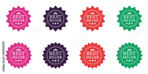 Collection of best seller badge labels, isolated on a white background - Set of best seller badge icons in various colors and styles, each with stars and a crown
