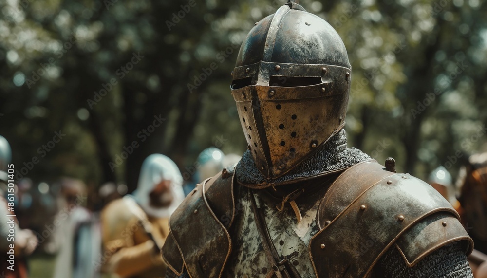 Worn Medieval Knight in Sunlit Forest Clearing with Rusty Armor - AI generated digital art Worn Medieval Knight in Sunlit Forest Clearing with Rusty Armor - AI generated digital art