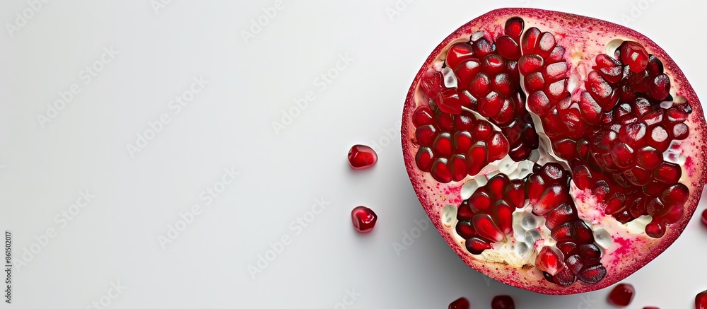 A pomegranate's star-shaped section against a white background offers ample copy space for text or design. A pomegranate's star-shaped section against a white background offers ample copy space for text or design.