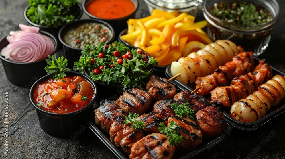 A Feast of Grilled Delights: Skewers, Sauces, and Sides Ready for a Delicious Gathering. Generative AI A Feast of Grilled Delights: Skewers, Sauces, and Sides Ready for a Delicious Gathering. Generative AI