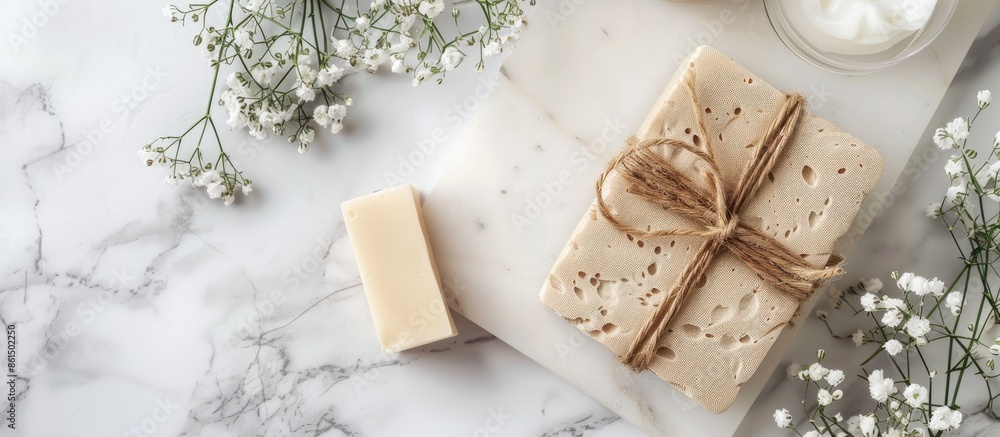 A view from above showing a decorated box with handmade soap on a white marble surface, with ample copy space image. A view from above showing a decorated box with handmade soap on a white marble surface, with ample copy space image.