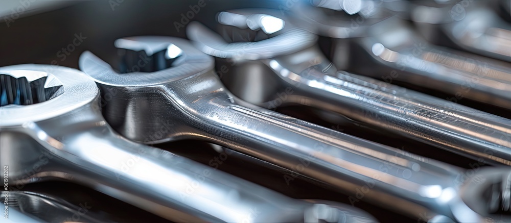 Fototapeta premium A row of metric spanners and open-end wrenches arranged neatly with various box and ring ends, captured in a detailed close-up macro shot, providing copy space image.