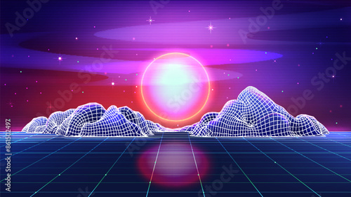 Retro futuristic landscape with neon sunset, star sky, mountains on wireframe background. Vector illustration of 80s sci fi matrix landscape with laser grid perspective in vaporwave or synthwave style