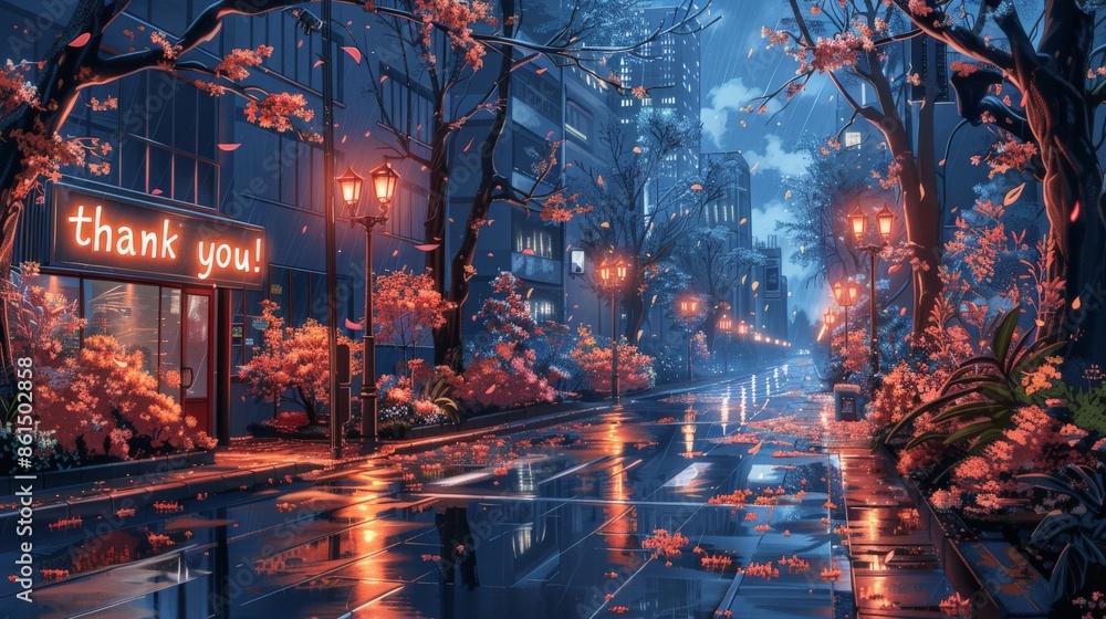 Fototapeta premium A Rainy Night in the City of Lights With Falling Petals and a Thank You Sign. Generative AI