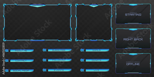 Abstract Blue Live Stream Overlay Webcam Screen Frame and Stream Alert GUI Panel for Gaming and Video Streaming Platforms