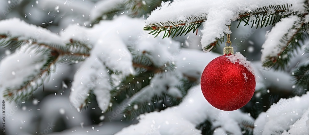 A red Christmas bauble hangs from a snow-covered spruce tree outdoors, providing room for text or other images. image with copy space A red Christmas bauble hangs from a snow-covered spruce tree outdoors, providing room for text or other images. image with copy space