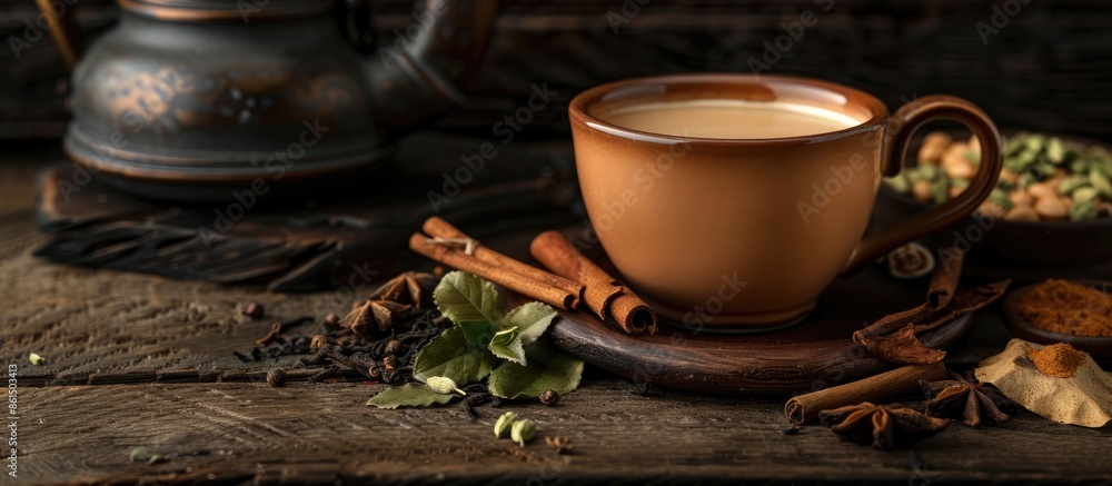A traditional Indian masala chai in a cup with a kettle, spices, and tea leaves set against a dark wooden backdrop, evoking a retro, vintage cafe or restaurant with an ethnic and healthy vibe, A traditional Indian masala chai in a cup with a kettle, spices, and tea leaves set against a dark wooden backdrop, evoking a retro, vintage cafe or restaurant with an ethnic and healthy vibe,