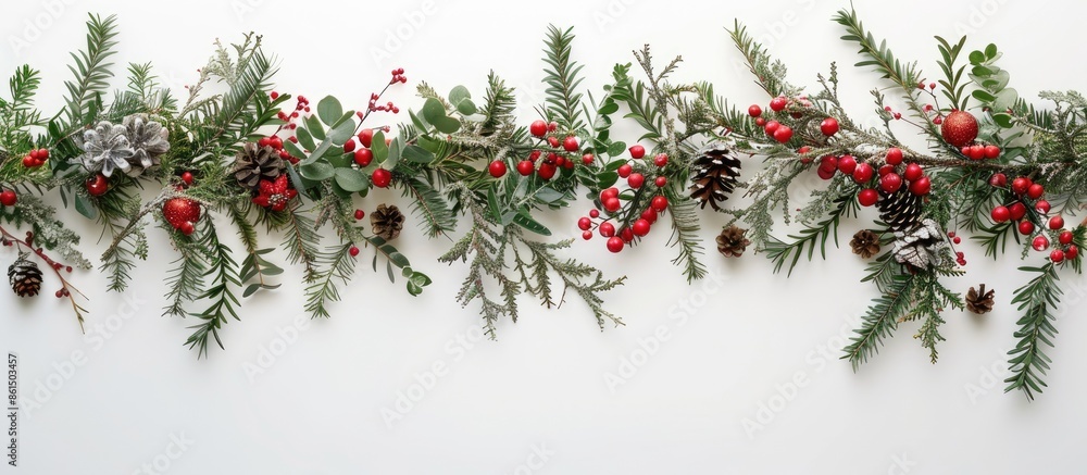 A festive Christmas garland displayed beautifully in a copy space image against a white backdrop. A festive Christmas garland displayed beautifully in a copy space image against a white backdrop.