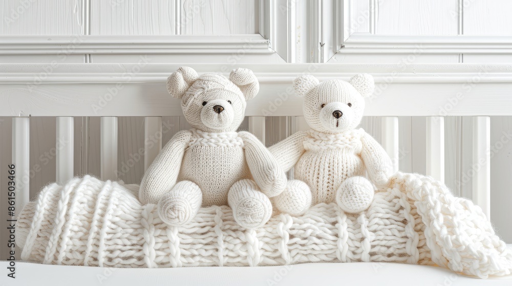 A white knitted teddy bear sits on a white crib with a white blanket A white knitted teddy bear sits on a white crib with a white blanket